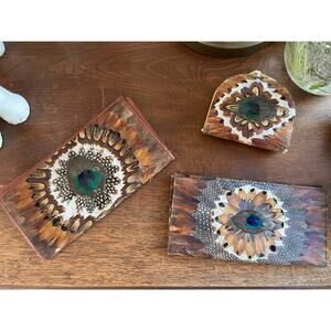 Lot of 3 Vintage Peacock Feather Wallets & Coin Purse Set - Genuine Feathers